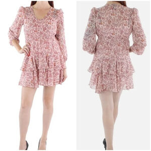 Taylor + Anthropologie Rose Pink Smocked Ruffle Mini Dress, Puff Shoulders, EUC!